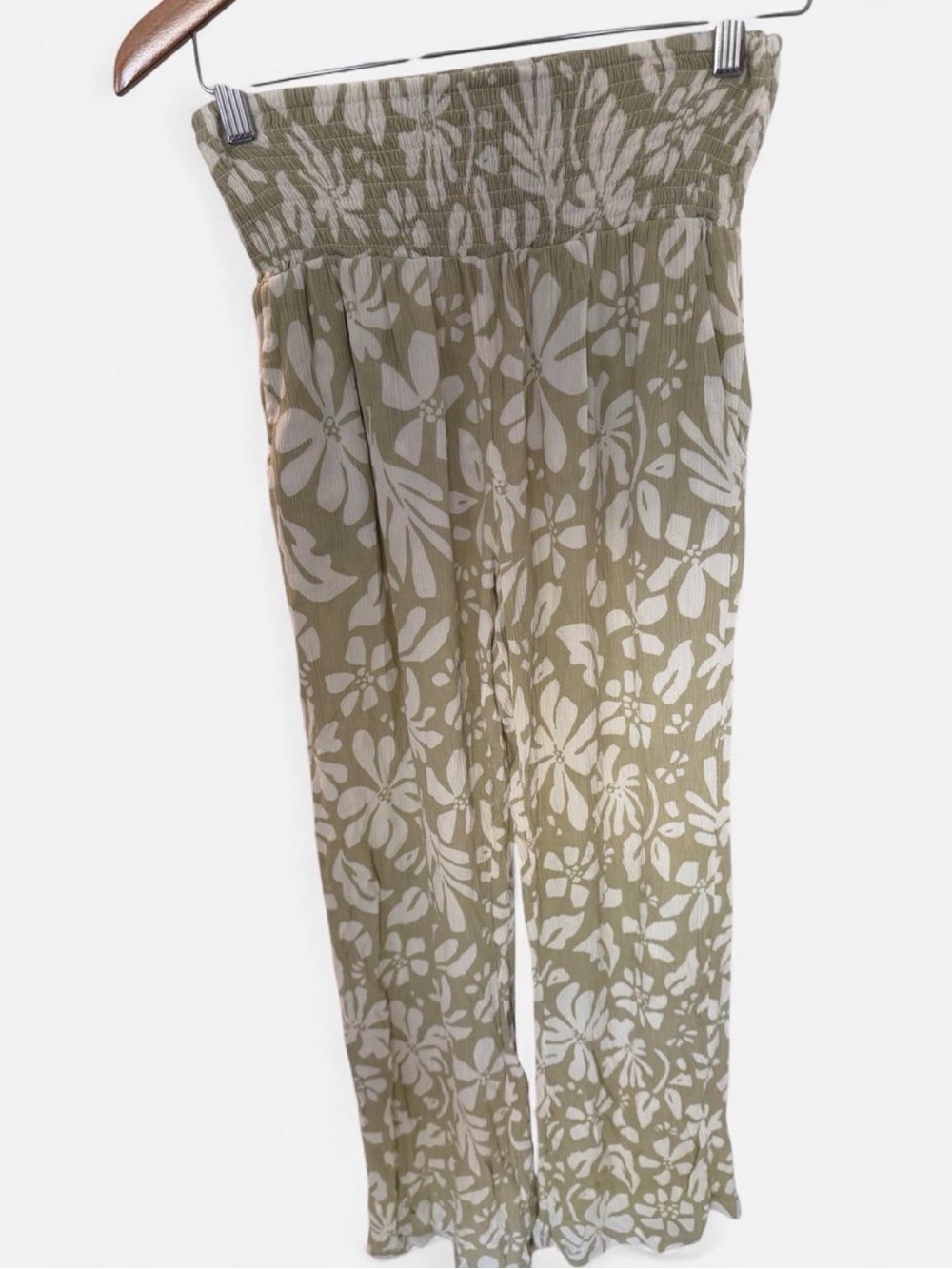 Billabong Olive & White Smocked Wide-Leg Floral Pants